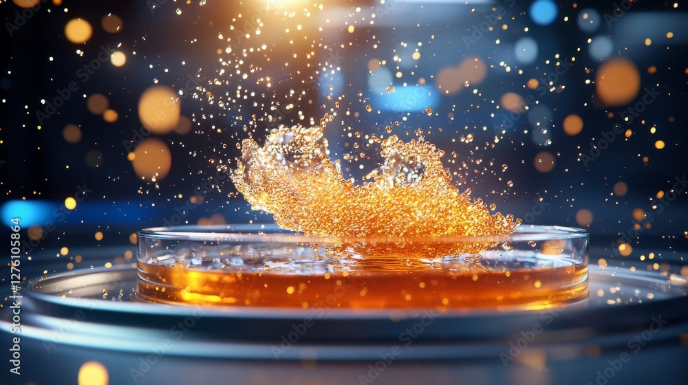 Poster dynamic golden liquid splash action studio environment 3d render abstract concept close-up view for 