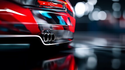 Fototapeta premium Close-up of a sleek red sports car's rear detailing, showcasing exhaust and reflections in a dynamic environment