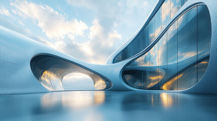 Naklejka premium Modern abstract architectural forms with sleek glass surfaces reflect sky