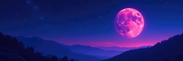 Mysterious night sky with dark blue stars and pink moon, purple, dark blue