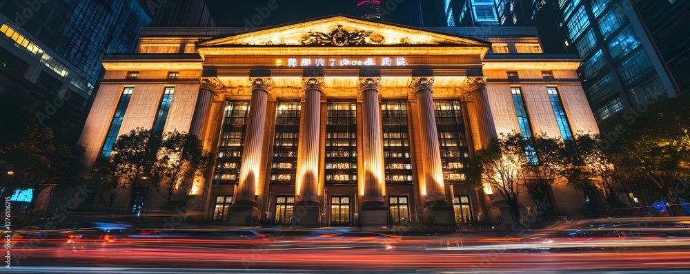 Poster a long exposure shot of traffic passing by the shanghai stock exchange at night, creating light trai