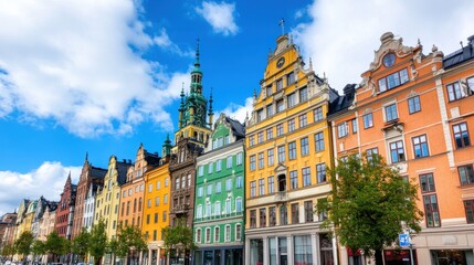Obraz premium Vibrant row of colorful historic structures under a sunny sky. The architecture is varied but unified, with tall, narrow structures and intricate