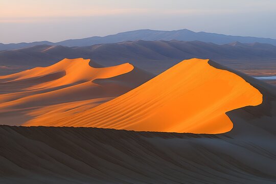 Sunrise desert dunes, mountains in background