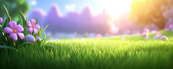 A vibrant, sunlit landscape featuring lush green grass and delicate pink flowers, evoking a serene and refreshing outdoor atmosphere.