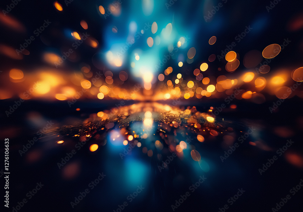 Poster blurred lights create a dynamic, abstract scene. bokeh in orange, yellow, and blue hues suggest moti