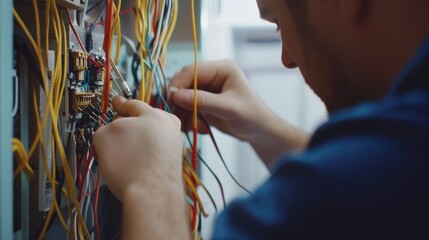 Damaged cables being repaired by a technician in a bright workspace. Featuring technical troubleshooting and repair techniques
