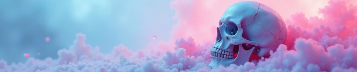 Skulls in pastel colors with soft pink and blue hues, dreamy, soft, gentle