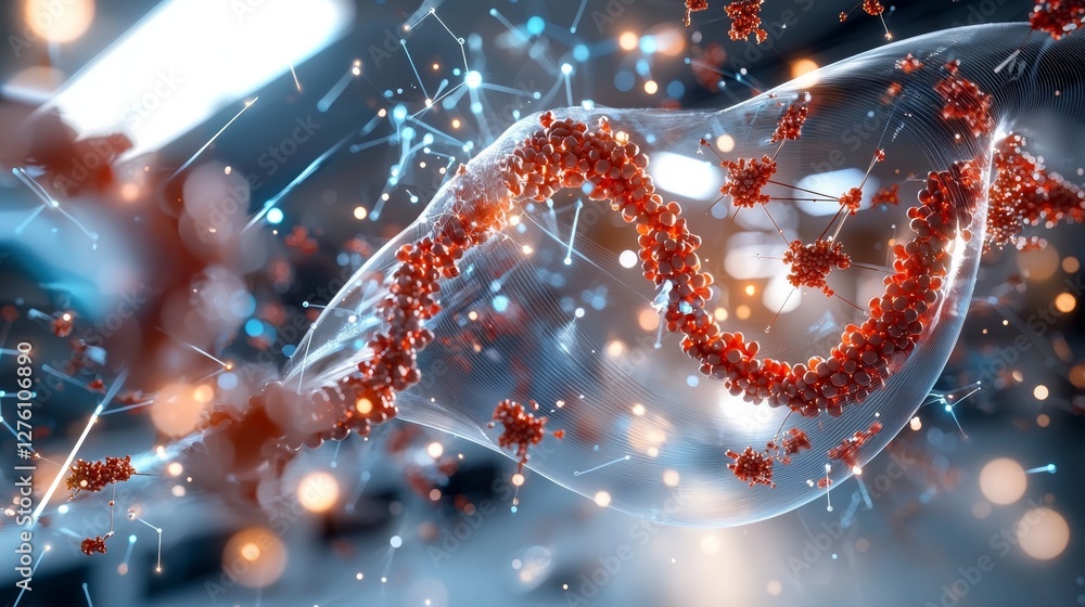Poster exploring abstract dna strand microscopic visualization laboratory setting digital art scientific en
