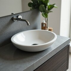 Fototapeta premium Sleek bathroom sink with gray countertop and modern faucet, fixtures, contemporary, bath