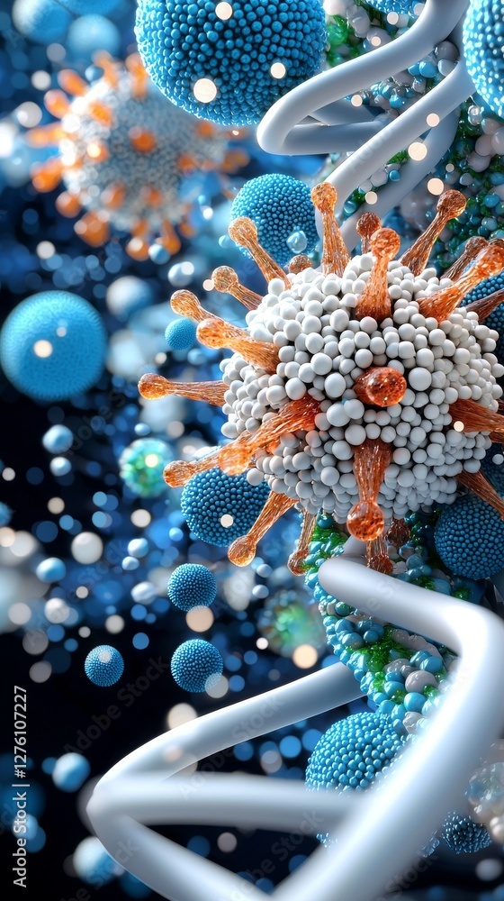 Poster microscopic rendering of virus disruption scientific laboratory digital art high-tech environment cl