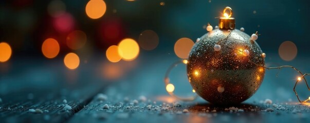 Small shiny metal or plastic sphere surrounds a perfectly placed small Christmas tree with sparkling decorations, tiny lights, glowing