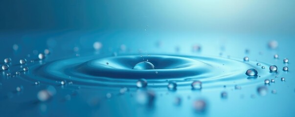 Small water droplets resting on a serene blue surface, serenity, calm