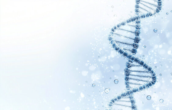 Blue water droplets and a DNA helix on a white background.