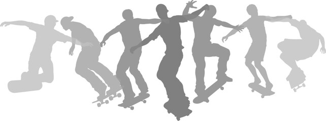 Skateboarders skateboarding on skate boards silhouette people set. Active sports people healthy players fitness silhouettes concept.