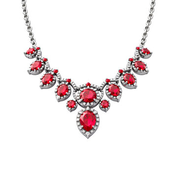 Silver necklace with red diamonds isolated on transparent background. Silver necklace with ruby, topaz, sapphir png. Jewelry and gemstones