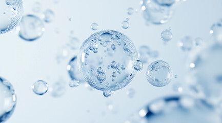 Background with transparent water droplets and bubbles.