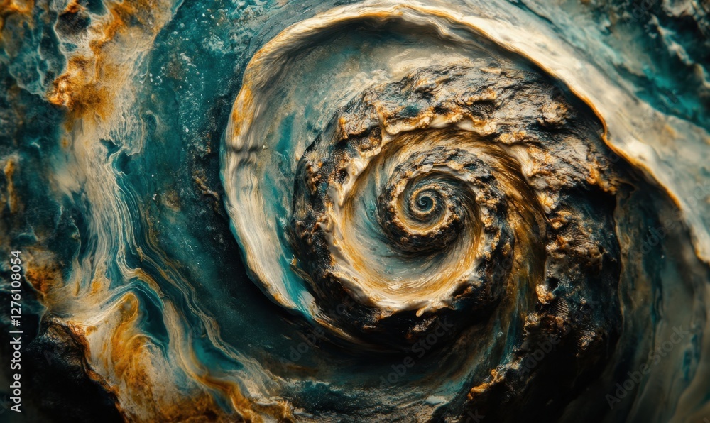 Poster abstract swirling pattern resembling a galaxy, with vibrant colors and textures in a cosmic backgrou