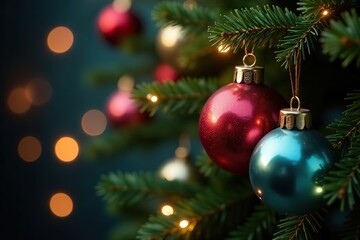 Obraz premium Glass balls in metallic colors on a spruce branch, glowing ornaments, Christmas decorations