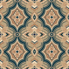 Warming color tone bandana print. Damask pattern flowers, leaf, decorate with dot line oval pattern on square shape. Design for silk scarf, Hijab, kerchief, carpet and wrapping paper.