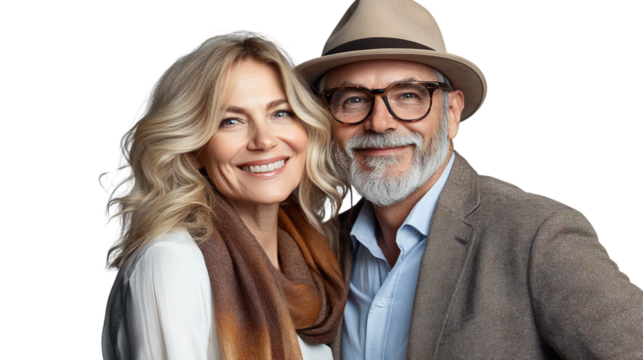 Smiling Stylish Senior Couple, Isolated on Transparent Background