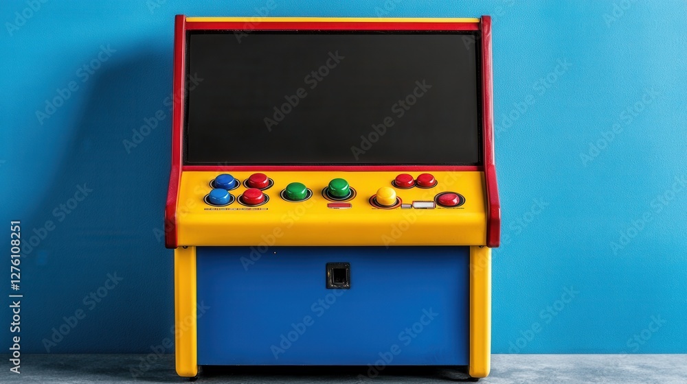 Poster retro style arcade game console with colorful buttons and joystick, set against a vibrant blue backg