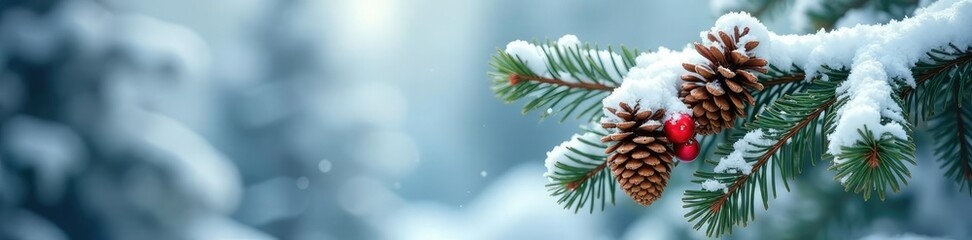 Snow-covered evergreen branches with pinecones, snow, winter, branch