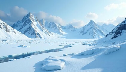 Frozen tundra landscape with snow-capped mountains and glaciers, arctic, vastness, nature