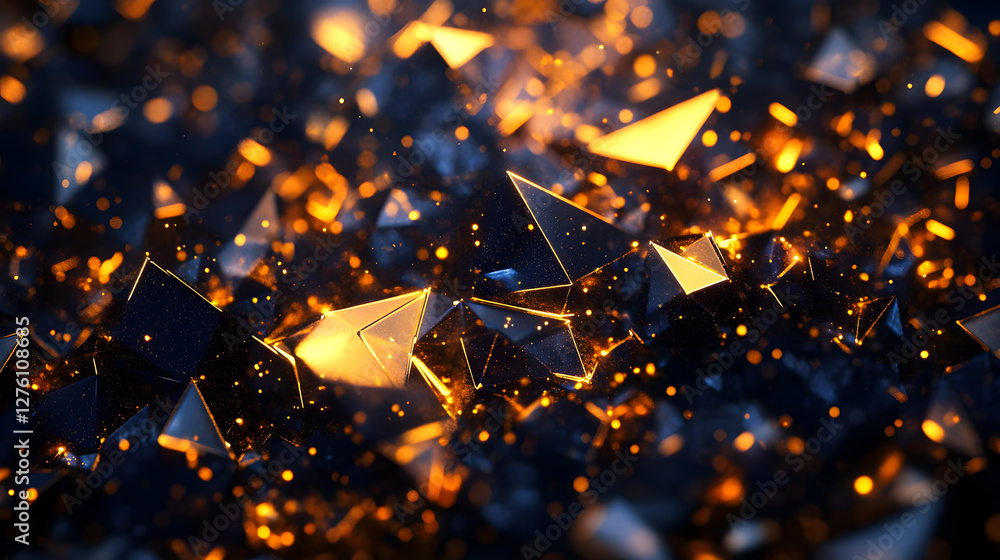 Poster glowing dark crystals abstract background image of sparkling triangles and pyramids