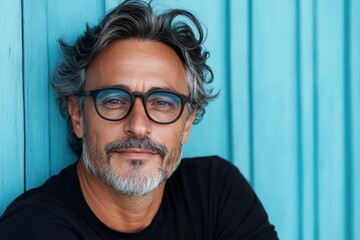 minimalistic portrait of middle aged European man 50 years old in black T-shirt on blue background, copy space