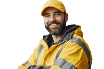 Confident delivery worker in yellow uniform, isolated on transparent background