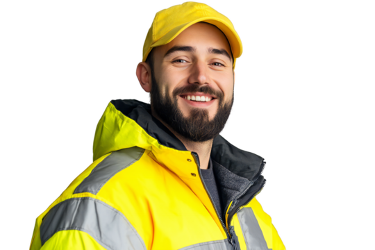 Confident delivery worker in yellow uniform, isolated on transparent background