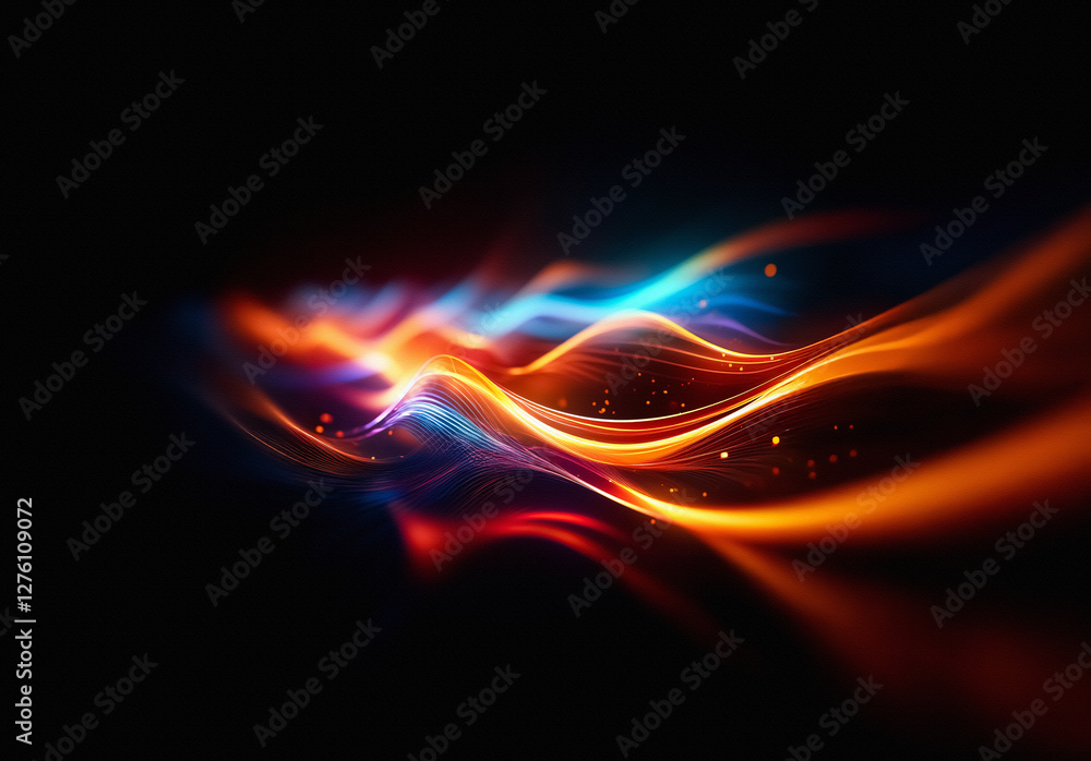 Poster abstract flowing light streaks in vibrant orange, blue, and red hues against a dark backdrop. energy