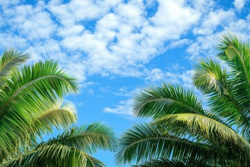 Fototapeta premium Lush Tropical Scene with Palm Trees Under Bright Blue Sky