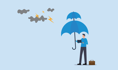 Extra protection for thunderstorm ahead, resilience or shield to survive crisis situation concept, business protection or insurance, businessman holding double layers umbrella to protect against storm