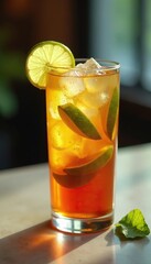 Fototapeta premium Glass of iced tea infused with lime wedges on a modern table, iced tea, glass
