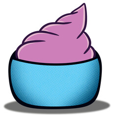 Cartoon style illustration, ice cream is in a blue cup with dots, giving a fun and lively feeling.