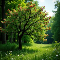 Tall Sambucus nigra tree branches with black berries, flowers, wildlife, forest