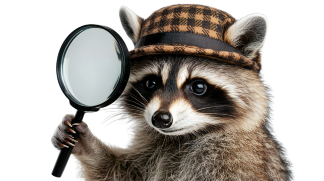 Curious raccoon detective holding magnifying glass, isolated on transparent background