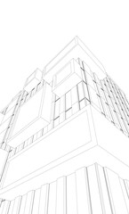 Futuristic Architectural Wireframe – Abstract Skyscraper Cityscape with Geometric Perspective