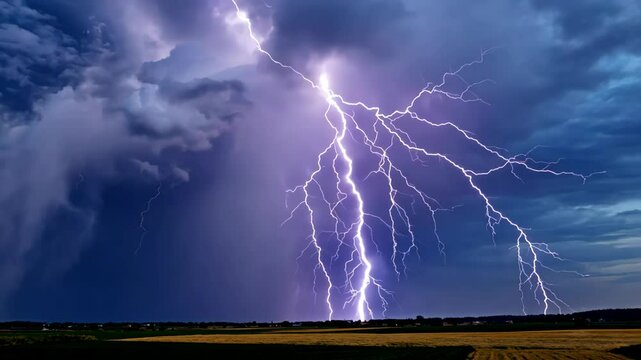 Dramatic wide shot of lightning strikes over fields during a thunderstorm