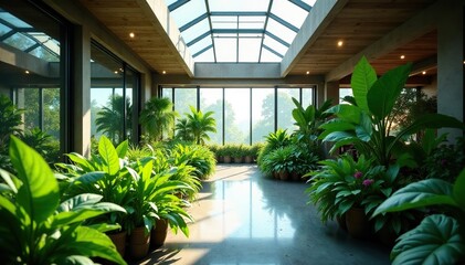Glass skylights allow sunlight to illuminate lush plants, greenery, skylights