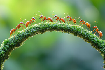 Fototapeta premium Team of ants constructing bridge, showcasing teamwork and cooperation in nature