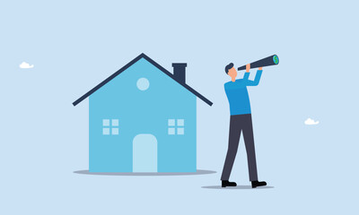 Real estate and housing investment opportunity, future mortgage or Reit profit concept, property growth forecast or vision, businessman investor with telescope to see vision.