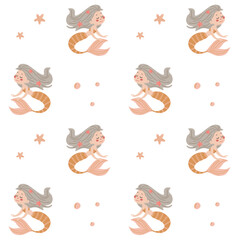 Seamless pattern with cute cartoon mermaids and sea shells. Vector for printing on children's products. 