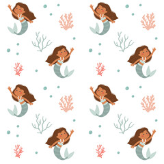 Seamless pattern with cute cartoon mermaids and sea shells. Vector for printing on children's products. 