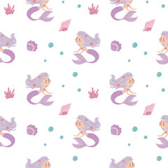 Seamless pattern with cute cartoon mermaids and sea shells. Vector for printing on children's products. 
