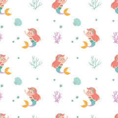 Seamless pattern with cute cartoon mermaids and sea shells. Vector for printing on children's products. 