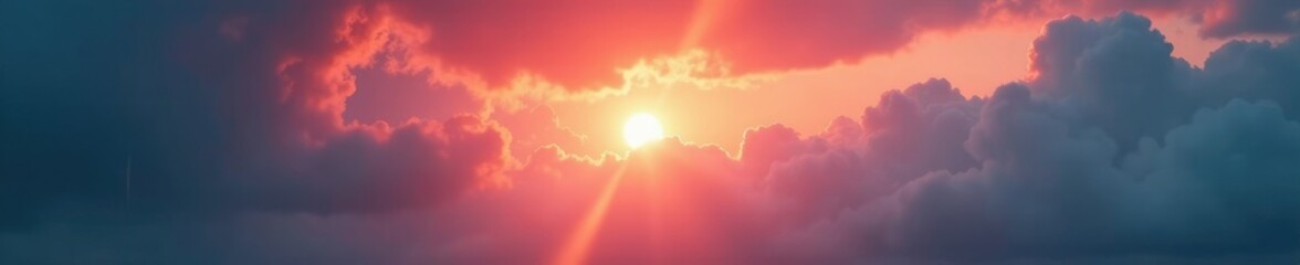 The sky is painted with hues of pink and orange as a sun flare pierces through thick grey clouds amidst rain, soft, atmospheric, warm