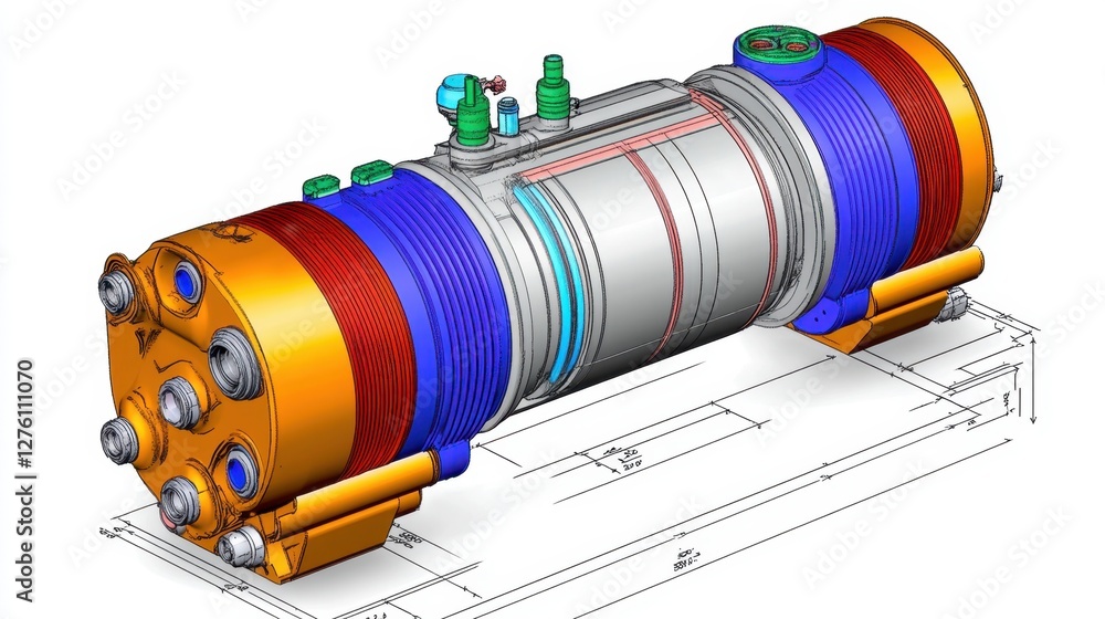Poster 3d render of a complex industrial component with cylindrical and rectangular shapes, featuring multi