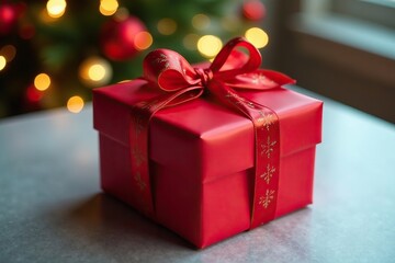 Obraz premium Gift box wrapped in red paper with glass balls on top, holiday, festive, packaging